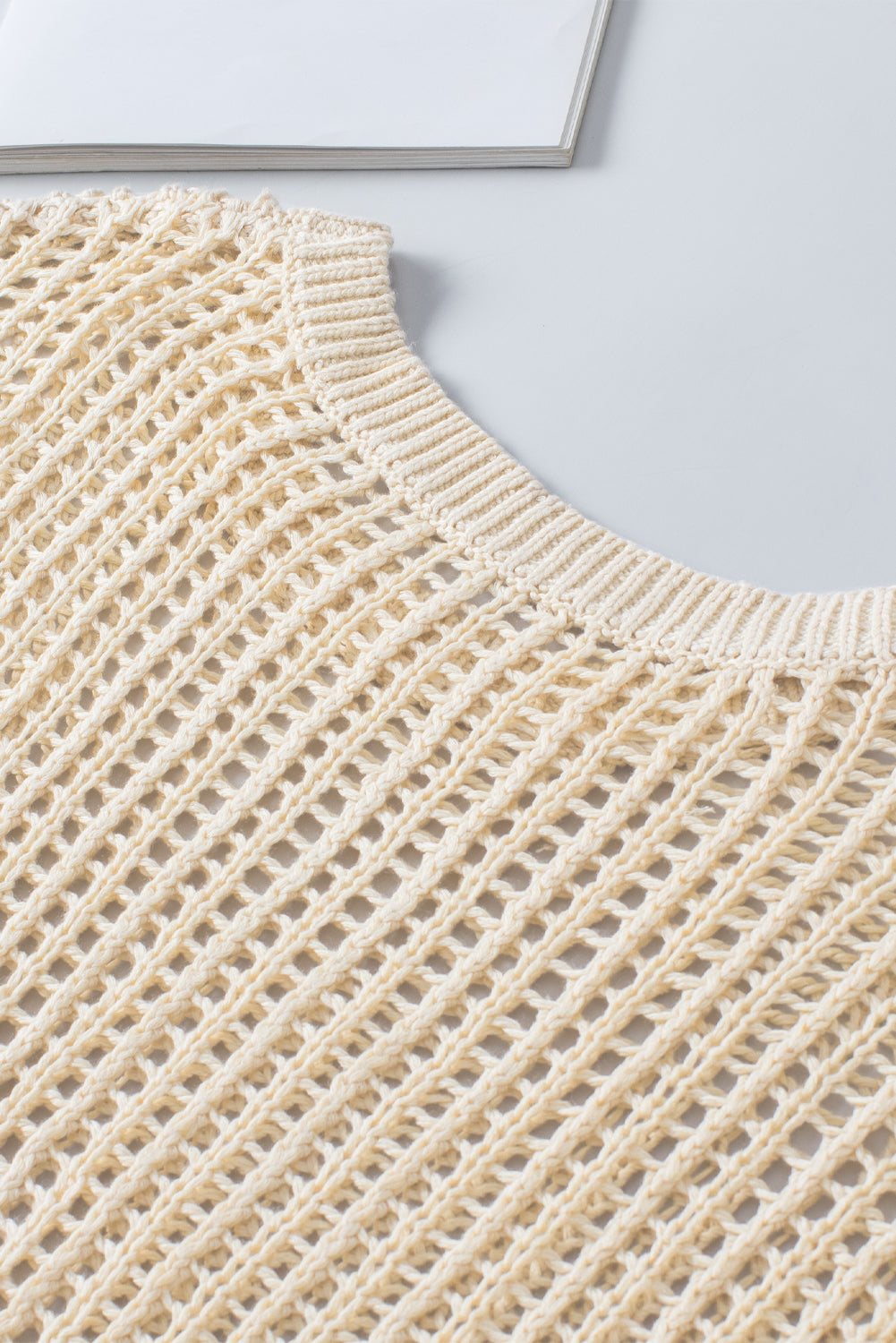 Fishnet Knit Ribbed Round Neck Short Sleeve Sweater Tee | Apricot