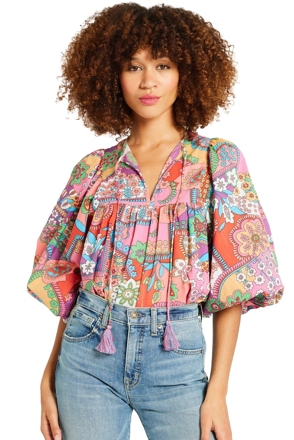 Boho Floral Bubble Sleeve Tassel Tied Neck Pleated Blouse | Multicolour