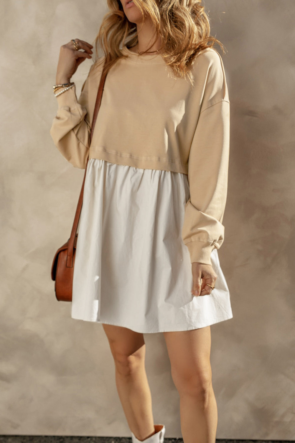 Sweatshirt Poplin Mini Dress | Pale Khaki