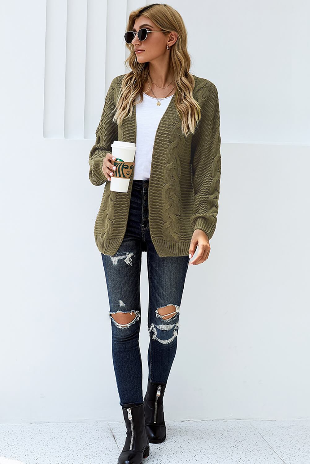 Olive Chunky Wide Long Sleeve Knit Cardigan | Olive Green