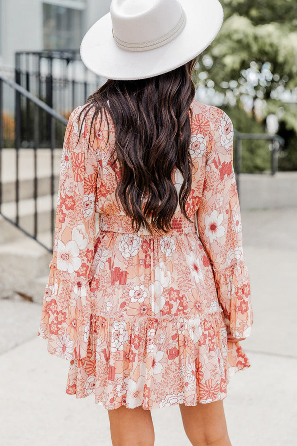 Floral Smocked High Waist Bell Sleeve Mini Dress | Apricot Powder