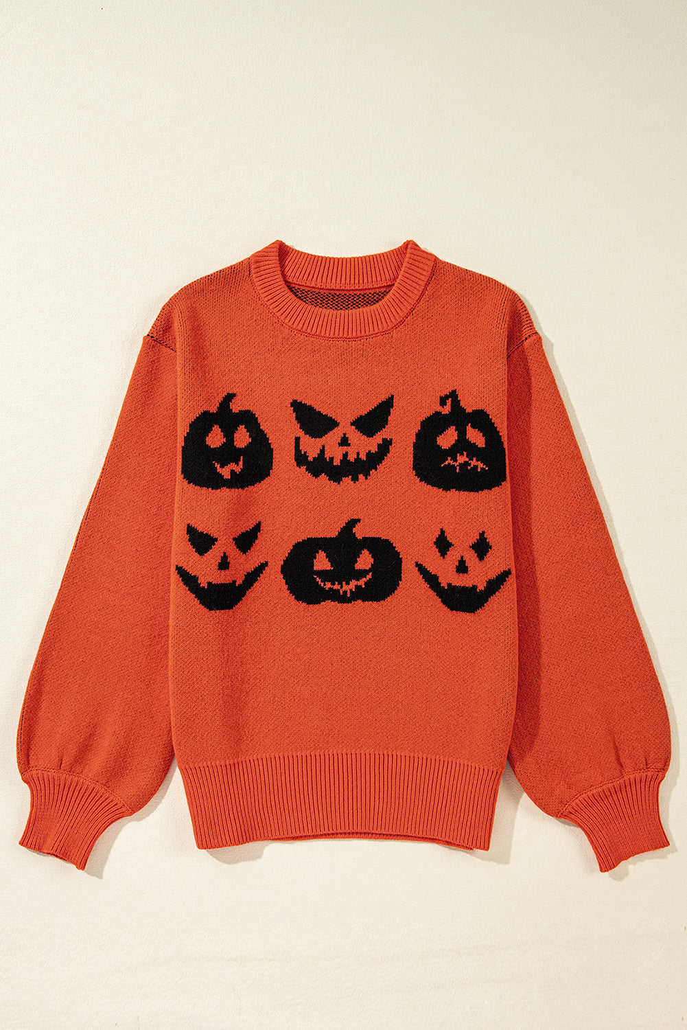 Halloween Pumpkin Face Pattern Drop Shoulder Sweater | Orange