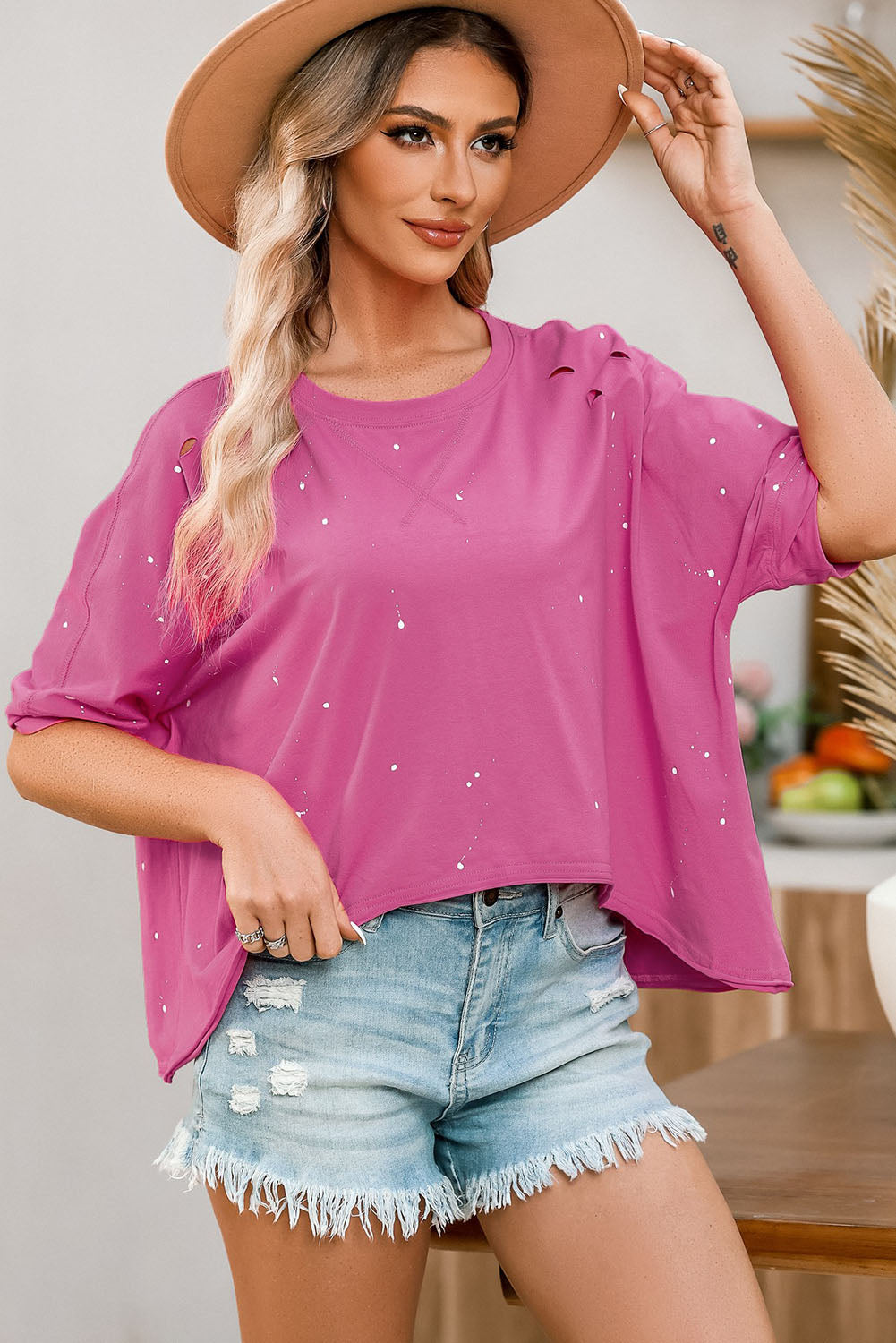 Distressed Bleached Asymmetric Hem Short Sleeve Top | Pink