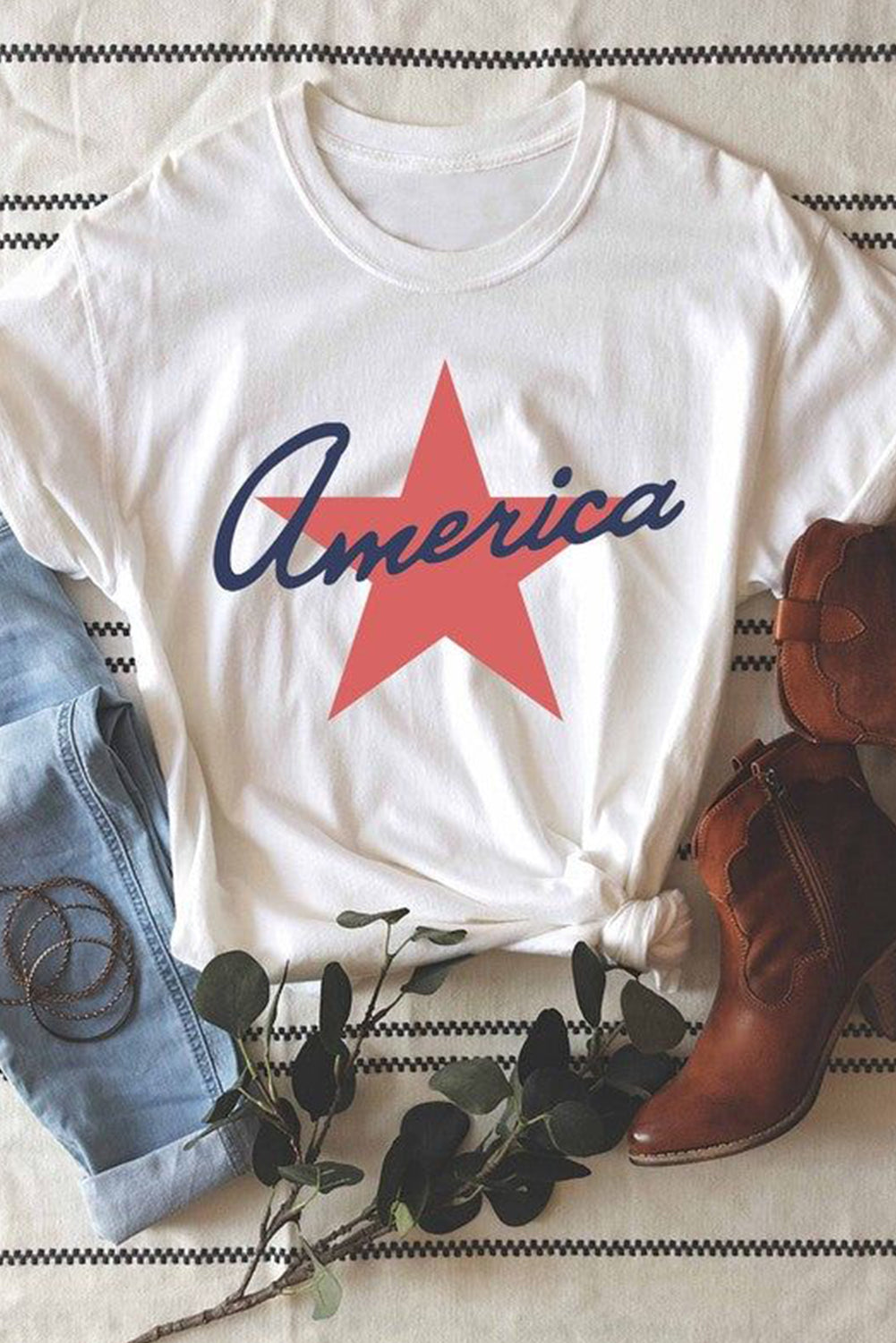 America Star Shape Print O Neck Loose Fit T Shirt | White