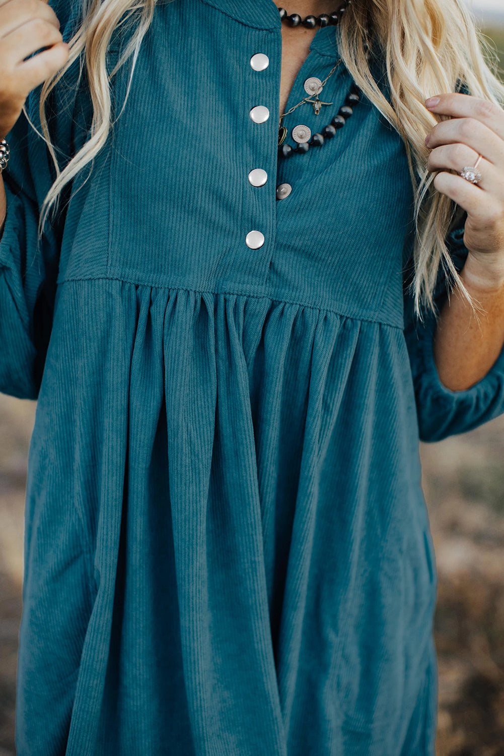 Corduroy Snap Buttons Empire Waist Bracelet Sleeve Dress | Blue