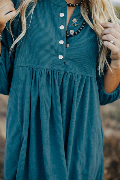 Corduroy Snap Buttons Empire Waist Bracelet Sleeve Dress | Blue