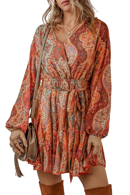 Boho Paisley Print Long Sleeve Pleated Belted Mini Dress | Orange