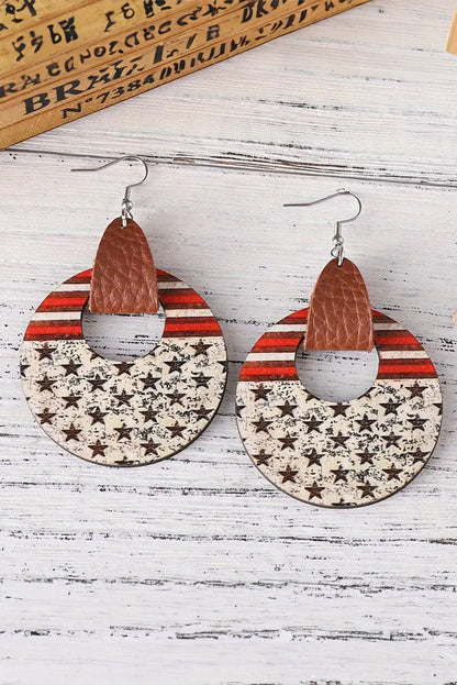 Flag Print Round Wooden Dangle Earrings | White