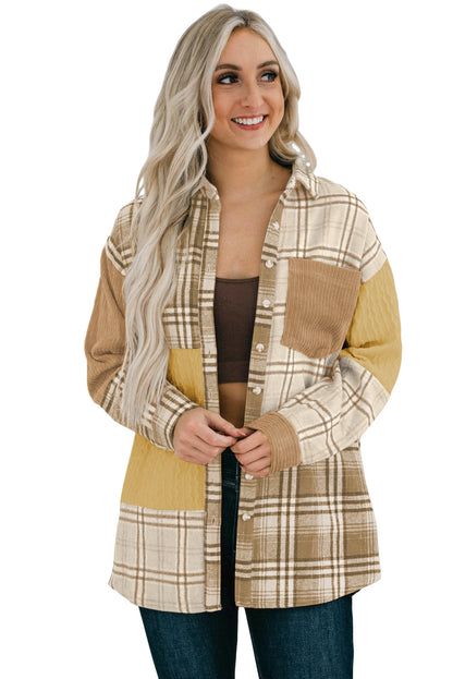 Plaid Colour Block Patchwork Shirt Jacket With Pocket | Khaki