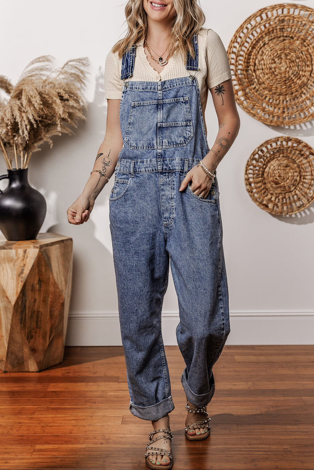 Denim Bib Straight Leg Jumpsuit With Pockets | Sail Blue