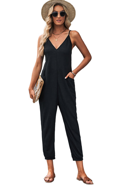 Textured Sleeveless V-Neck Pocketed Casual Jumpsuit | Black