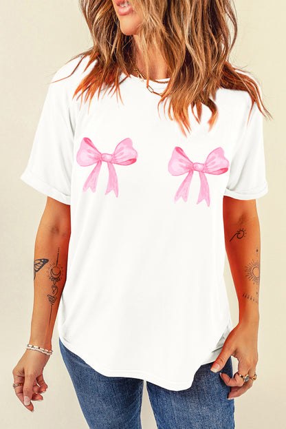 Sweet Bow Knot Print O Neck Casual T Shirt | White