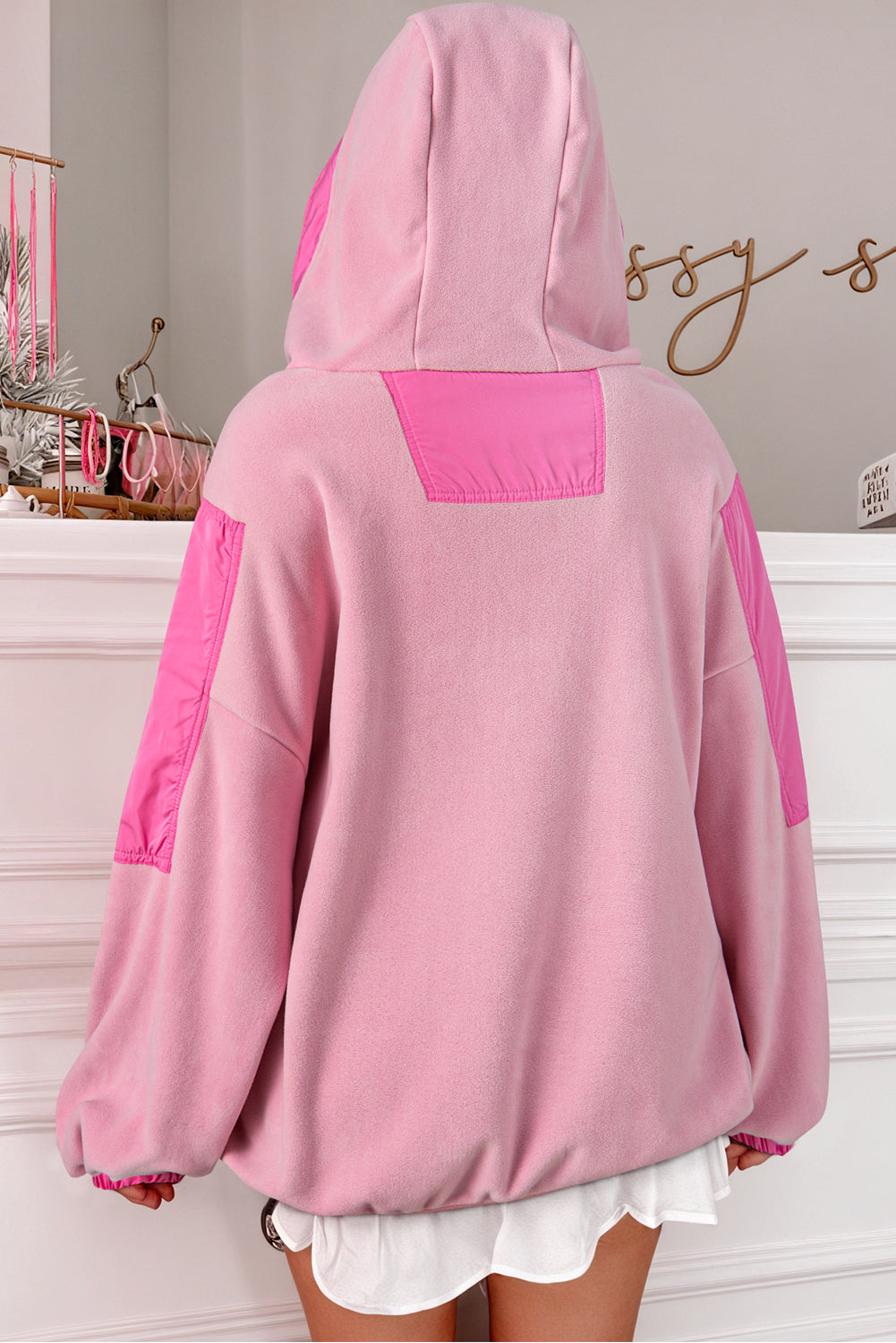 Colourblock Patchwork Half Zip Oversized Sherpa Hoodie | Pink