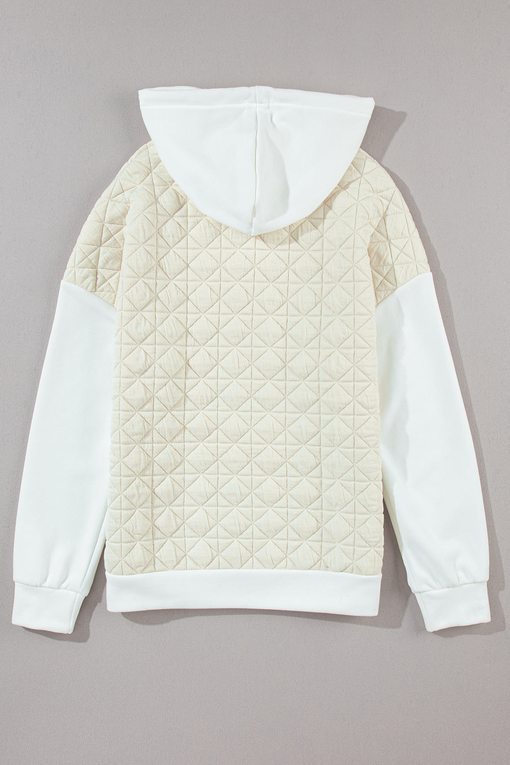 Drop Shoulder Quilted Patchwork Kangaroo Pocket Hoodie | Beige