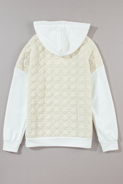 Drop Shoulder Quilted Patchwork Kangaroo Pocket Hoodie | Beige