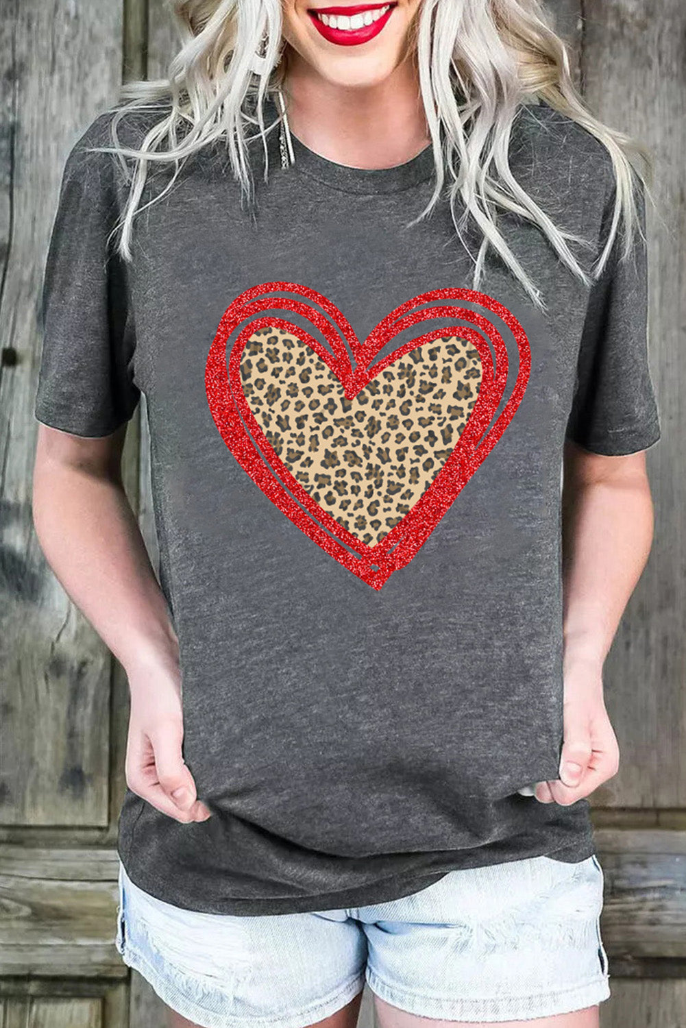 Sequin Leopard Heart Graphic T-Shirt | Gray