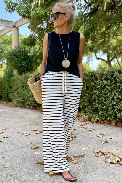 Drawstring Striped Wide Leg Pants | White