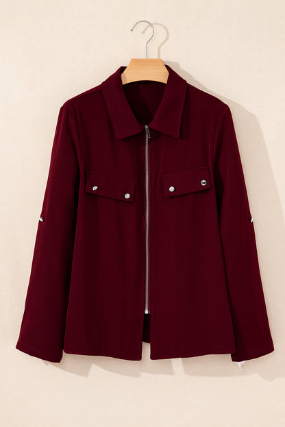 Collar Tab Sleeve Zip Up Flap Detail Jacket | Red Dahlia