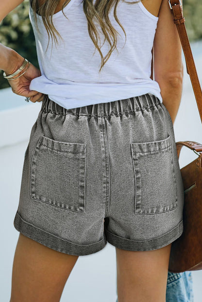 Pocketed Drawstring High Waist Denim Shorts | Gray