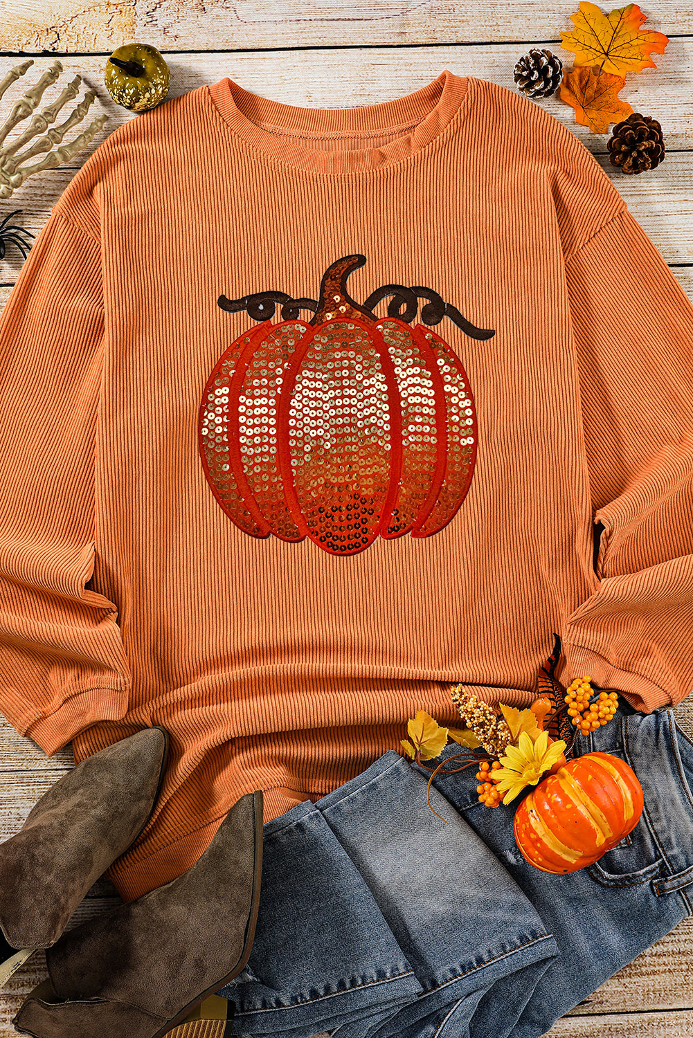 Sequined Pumpkin Ribbed Round Neck Halloween Sweatshirt | Orange