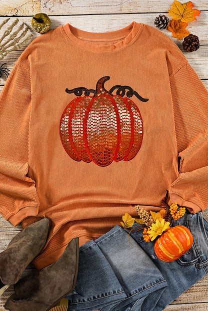 Sequined Pumpkin Ribbed Round Neck Halloween Sweatshirt | Orange