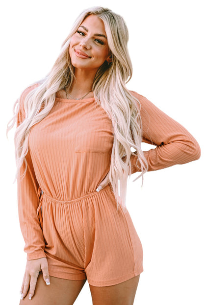 Ribbed Drawstring Waist Long Sleeve Romper | Orange