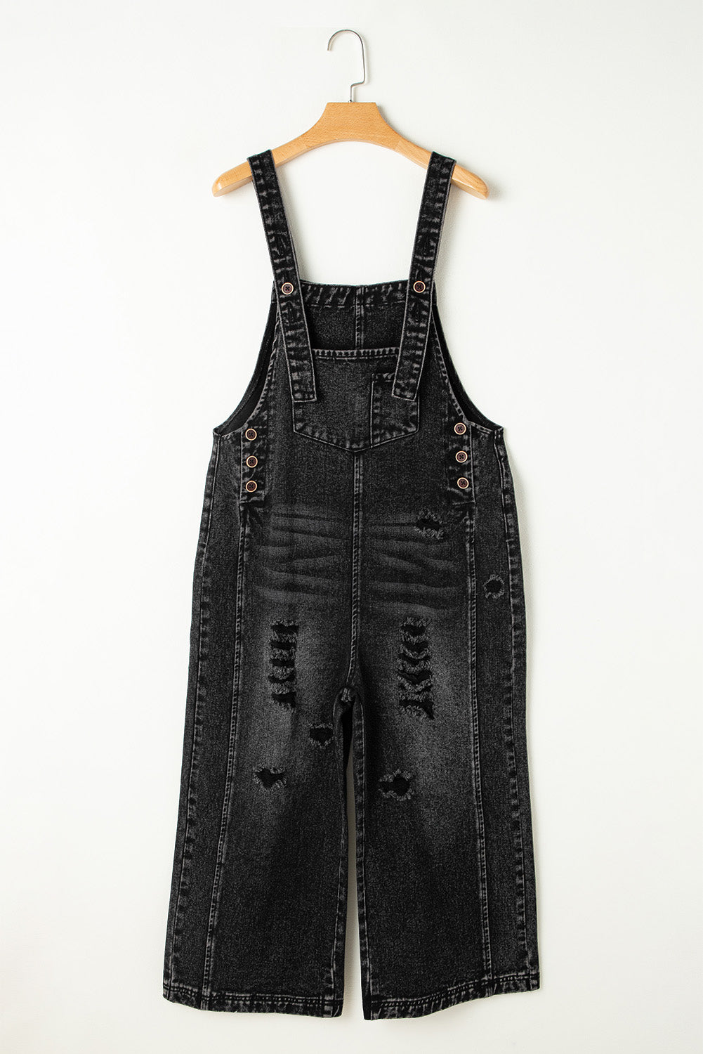 Distressed Bib Pocket Wide Leg Denim Overall | Black