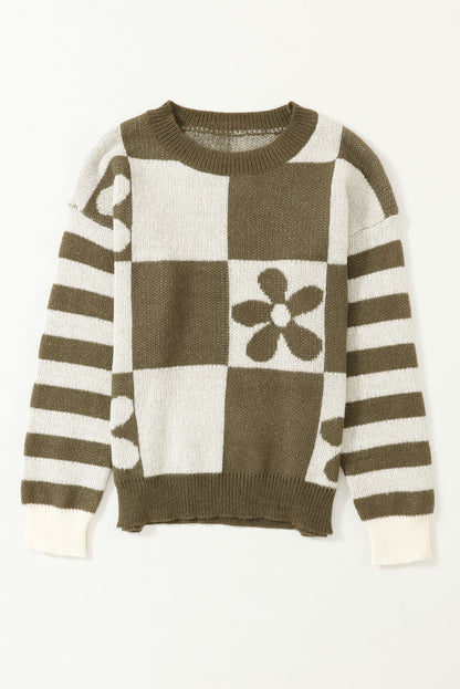 Green Checkered Floral Print Striped Sleeve Sweater | Mist Green