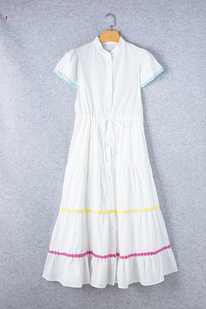 Colourblock Rickrack Trim Short Sleeve Drawstring Waist Long Dress | White