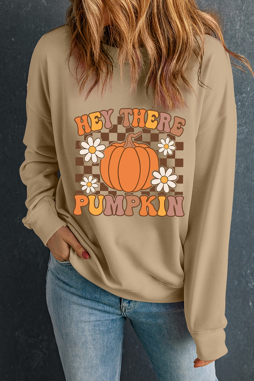 Floral Checkered Pumpkin Graphic Drop Shoulder Thanksgiving Sweatshirt | Khaki