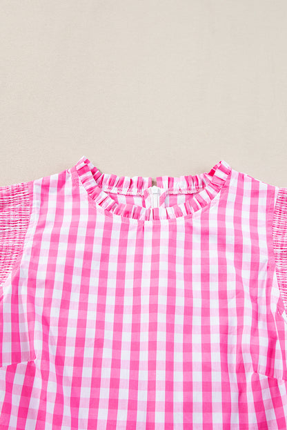 Checkered Ruffled Sleeve Frilled Neck Blouse | Rose Red