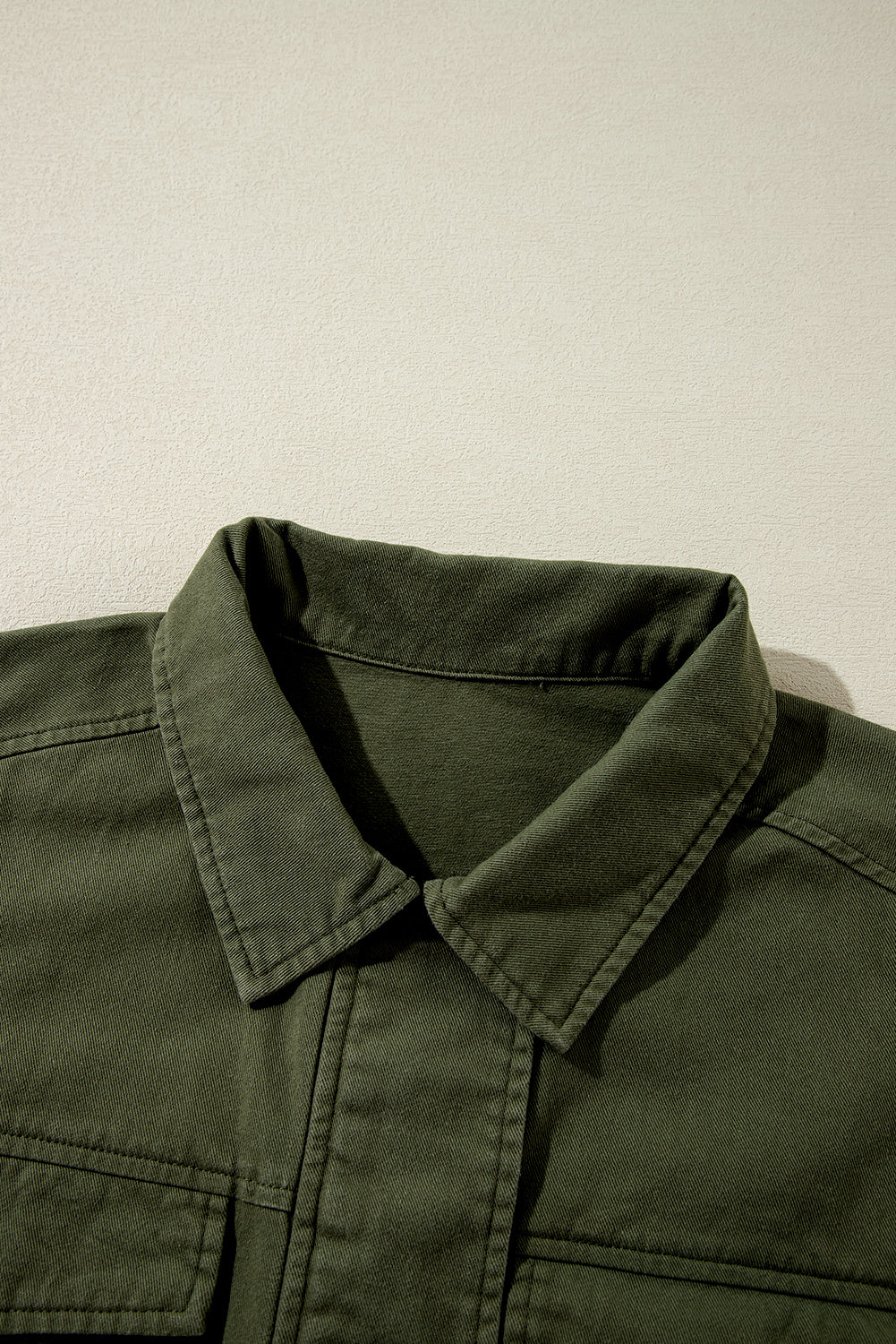 Snap Button Zipper Tight Waist Collared Jacket | Moss Green