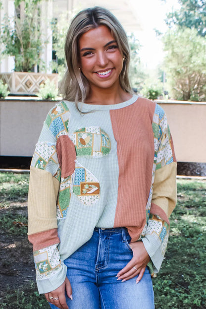 Floral Patchwork Waffle Colour Block Pullover Top | Rose Pink