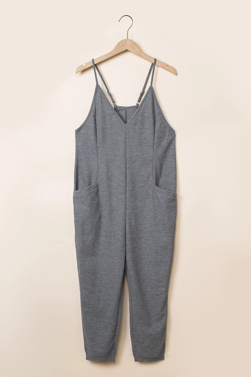 Textured Sleeveless V-Neck Pocketed Casual Jumpsuit | Gray