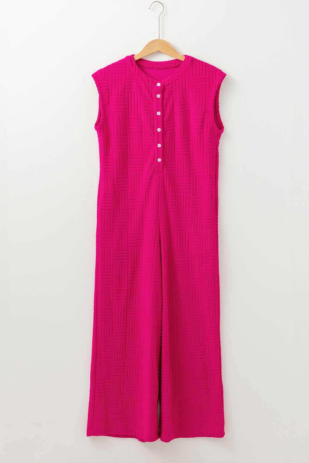 Terry Textured Sleeveless Button Front Wide Leg Jumpsuit | Bright Pink