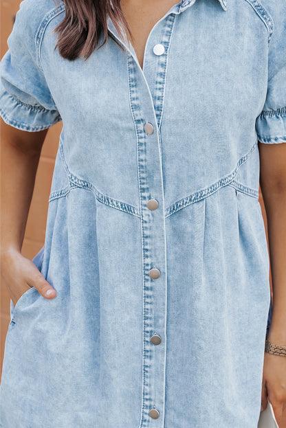 Mineral Wash Ruffled Short Sleeve Buttoned Denim Dress | Beau Blue