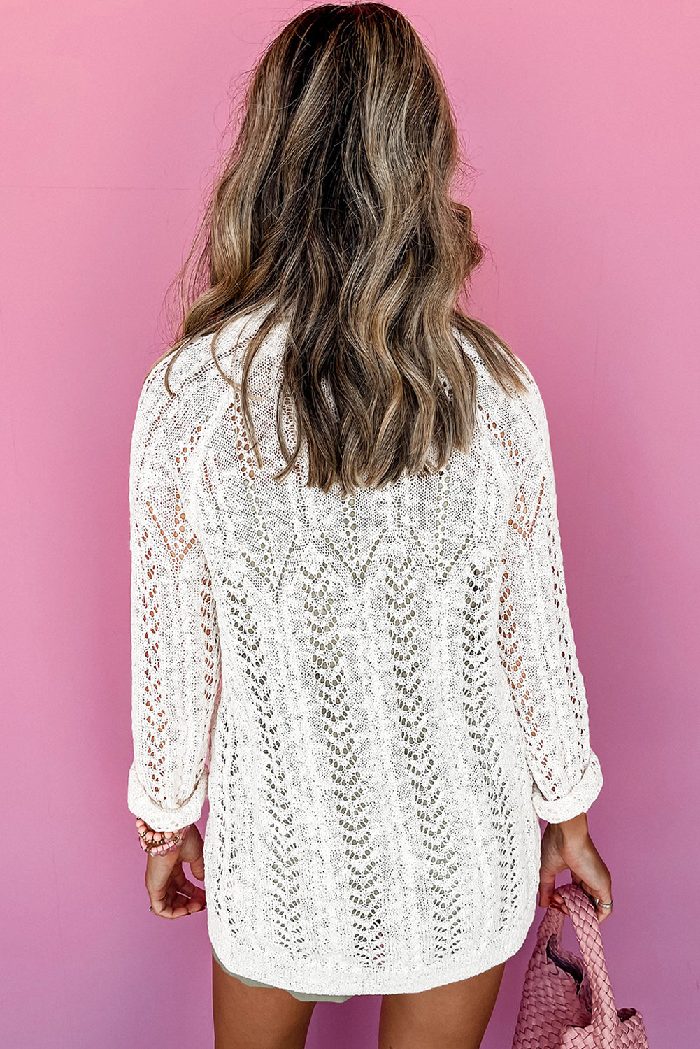 Solid Open Knit Cardigan | White