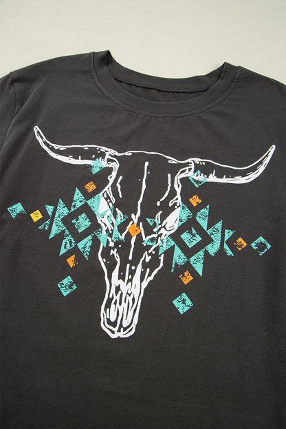 Vintage Western Bull Head Skull Turquoise Aztec Graphic T Shirt | Carbon Grey