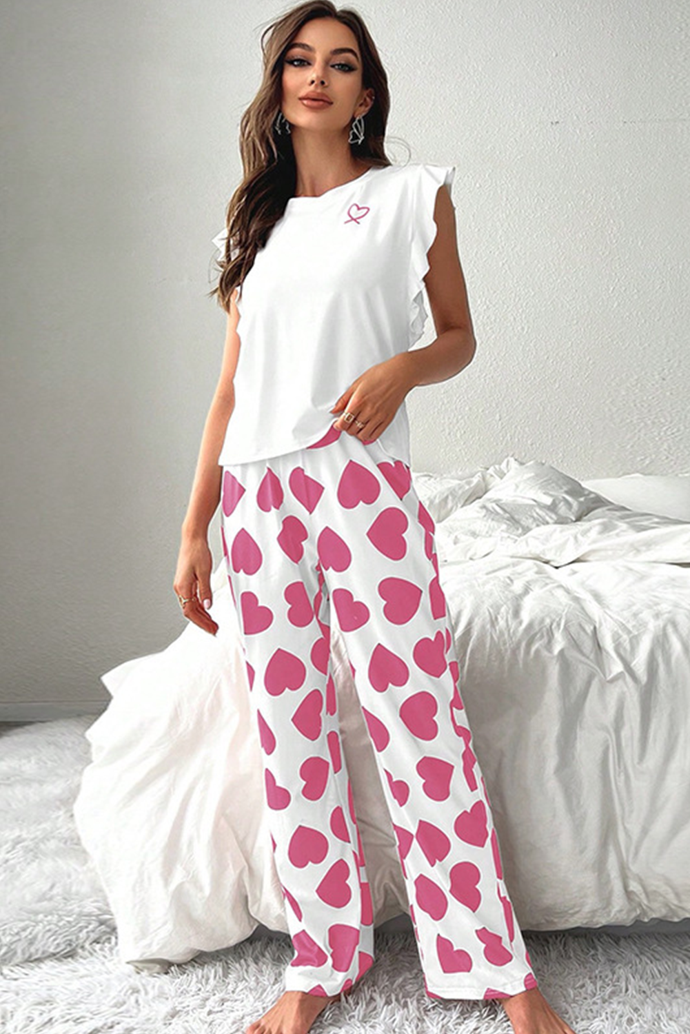 Ruffled Tank Top And Heart Print Pants Lounge Set | Pink