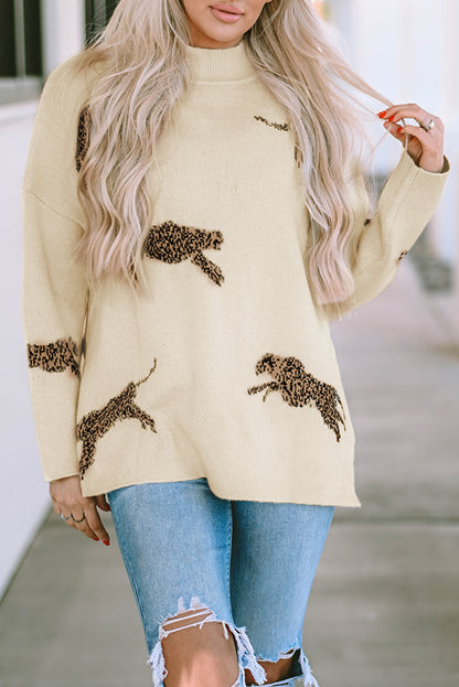 Lively Cheetah Print High Neck Split Hem Sweater | Parchment