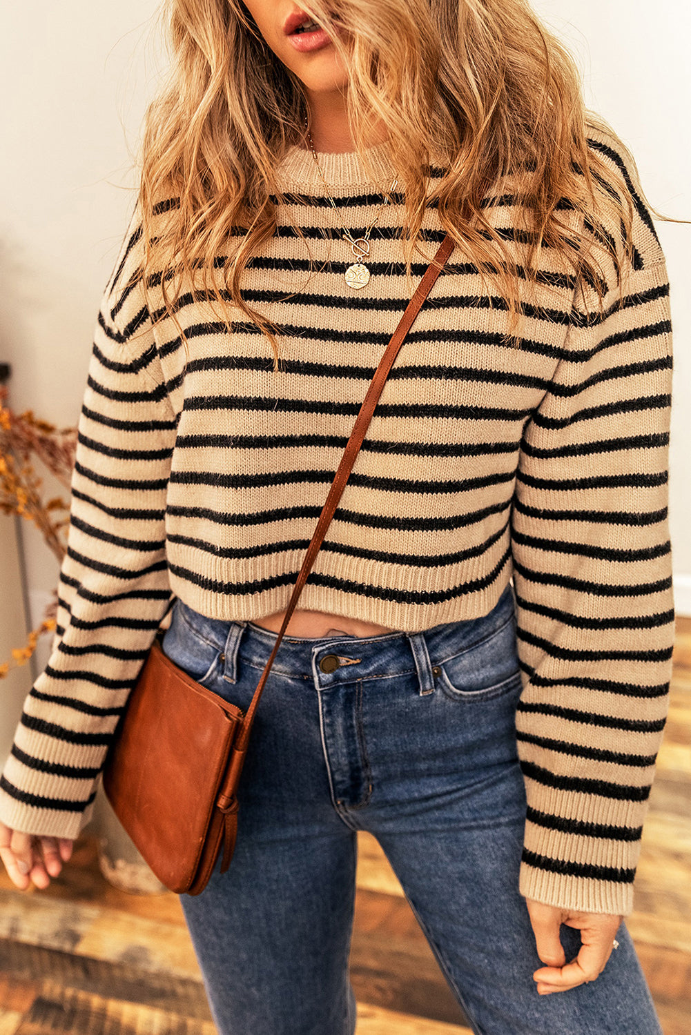 Striped Knit Drop Shoulder Crewneck Cropped Sweater | Light French Beige