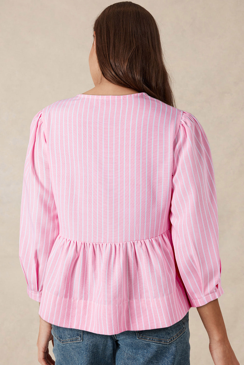 Bowknot Front Crew Neck Puff Sleeve Blouse | Pink Stripe