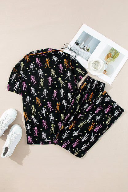 Halloween Pattern Short Sleeve Shirt Pajama Set | Black