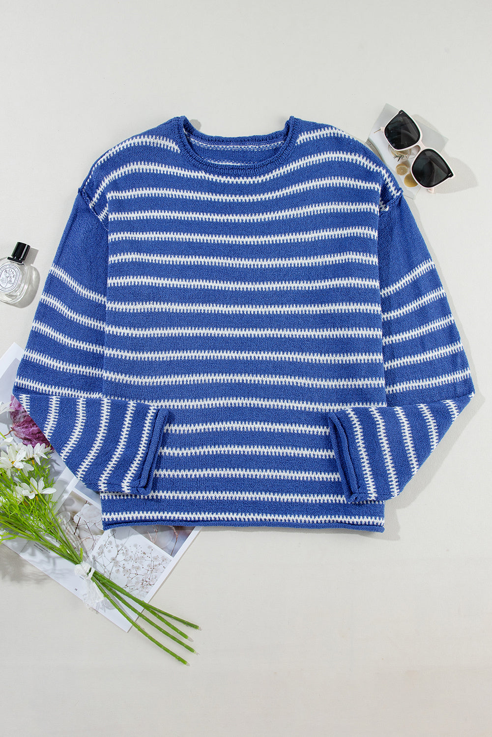 Drop Shoulder Casual Sweater | Sky Blue Stripe