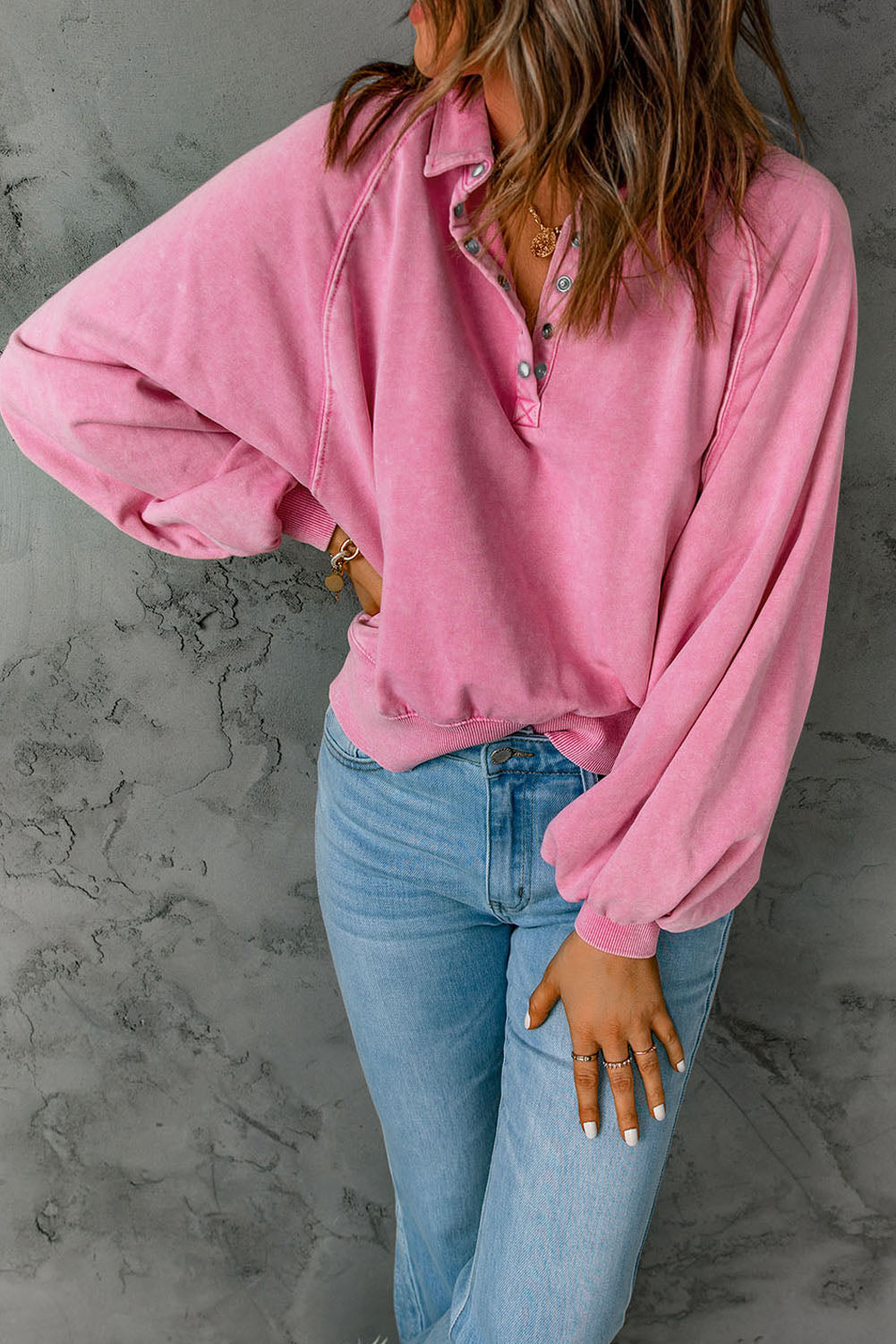 Washed Snap Buttons Lantern Sleeve Pullover Sweatshirt | Pink