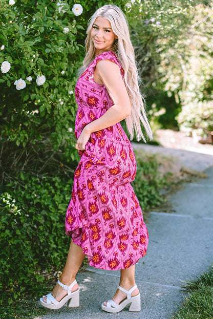 Retro Print Twisted Front Ruffled Sleeve Maxi Dress | Bonbon