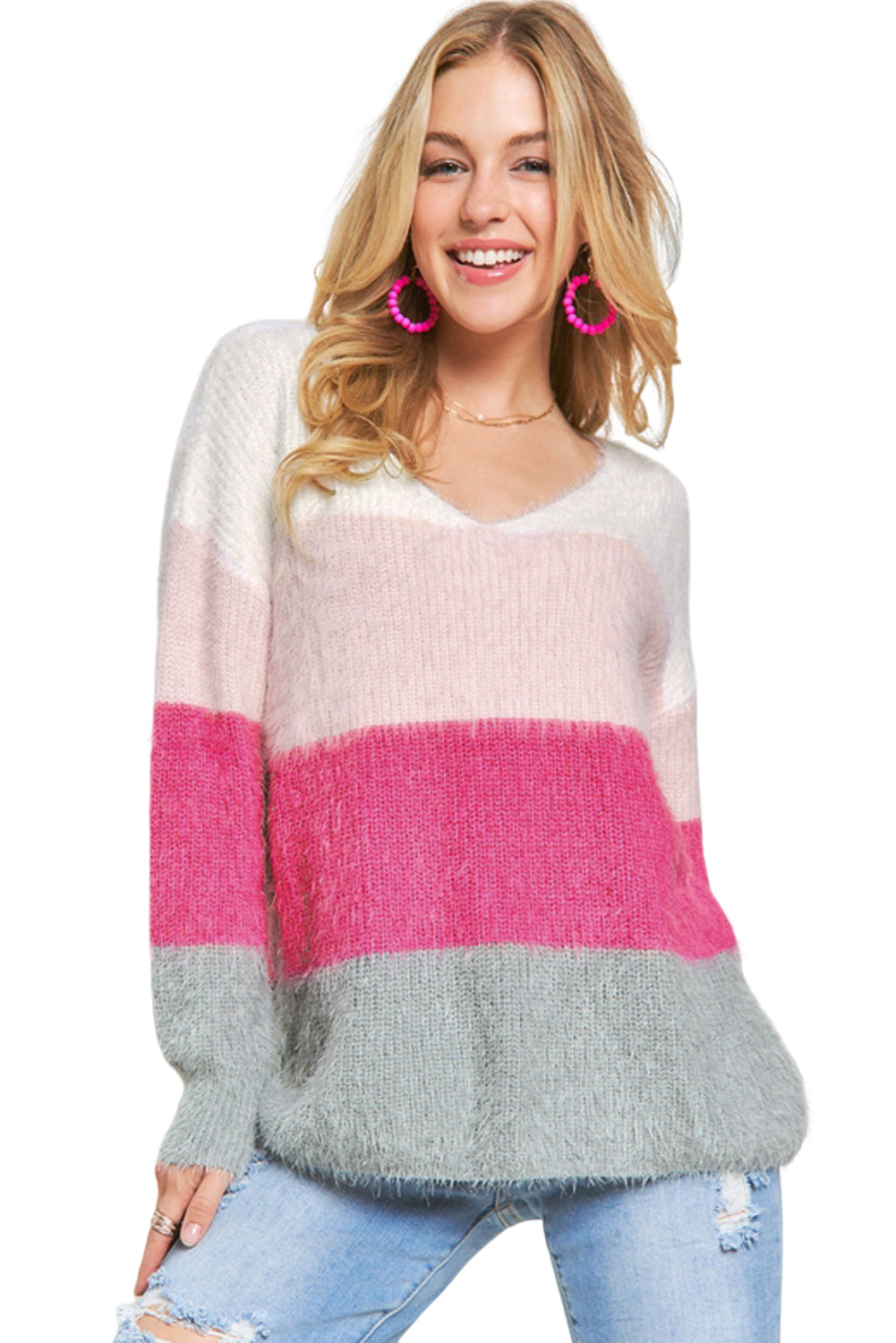 Striped Colour Block Fuzzy V Neck Sweater | Stripes