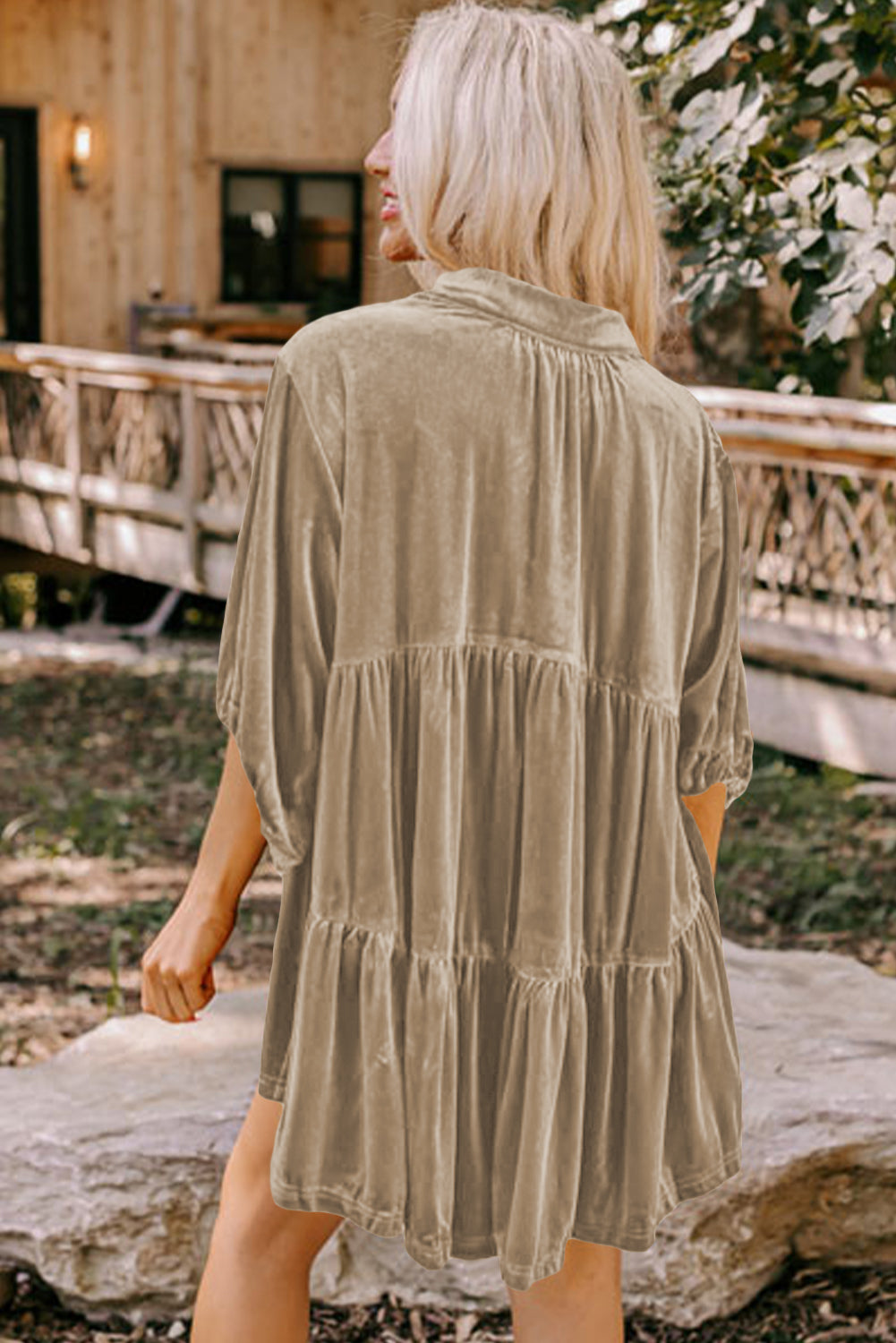 3/4 Sleeve Tunic Babydoll Velvet Shirt | Pale Khaki