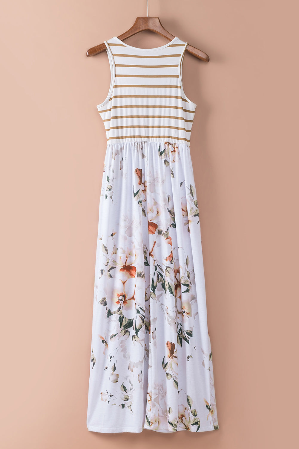 Striped Floral Print Sleeveless Maxi Dress With Pocket | White