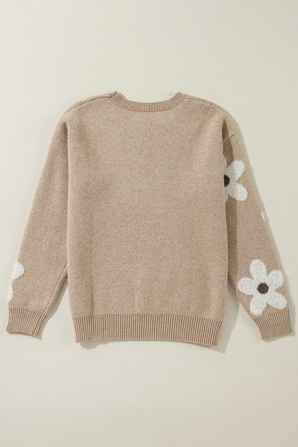 Flower Pattern Ribbed Trim Crew Neck Sweater | Parchment